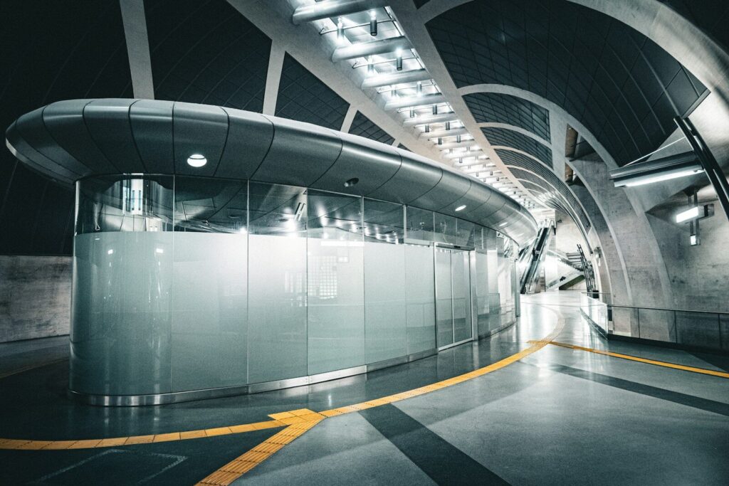 Modern subway station with futuristic architecture and sleek architecture.